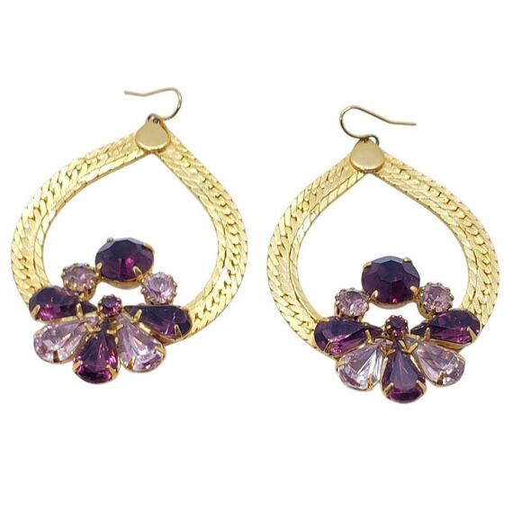 Vintage Jewelry - Vintage Gold Tone Dangle Earrings Teardrop Chain Purple Rhinestone Floral